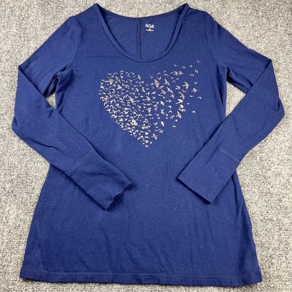 ANA A New Approach Womens XS Navy Blue Bird Heart‎ Graphic Long Sleeve T-Shirt